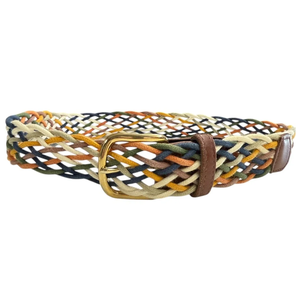 Vintage Womens Multi Color Braided‎ Woven Belt Gold Buckle Leather Trim ML